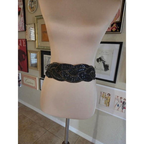 Giani Bernini Vintage Black Beaded Braided Waist Belt Sequin Embellished Hook main image 5